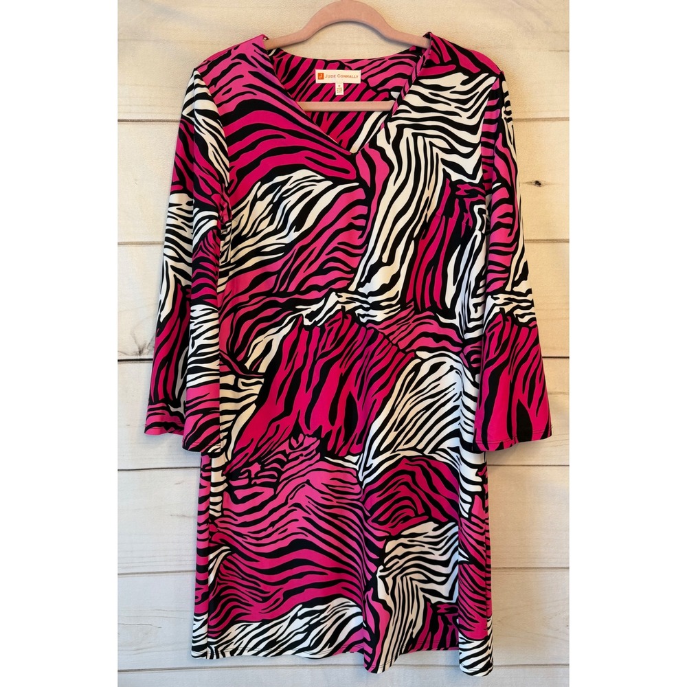 Jude Connally Pink Zebra Print V-Neck 3/4 Sleeve Shift Dress Women Medium 101503